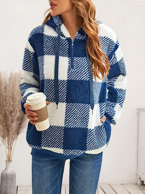 Plaid Half Zip Drawstring Hoodie