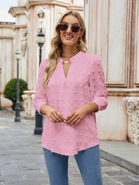 Swiss Dot Notched Neck Blouse