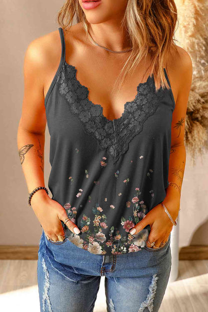 Floral Lace Trim Scalloped Plunge Cami