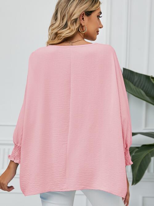 Smocked Lantern Sleeve Round Neck Blouse