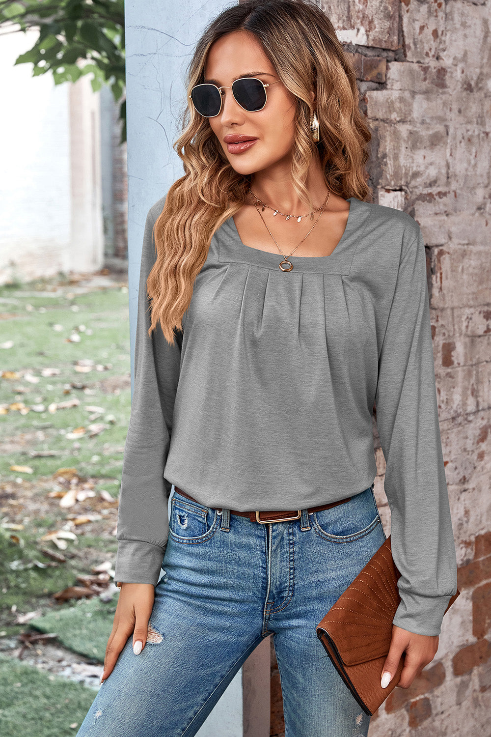 Ruched Square Neck Long Sleeve T-Shirt