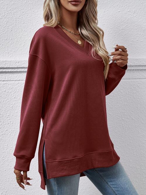 V-Neck Slit Long Sleeve Sweatshirt