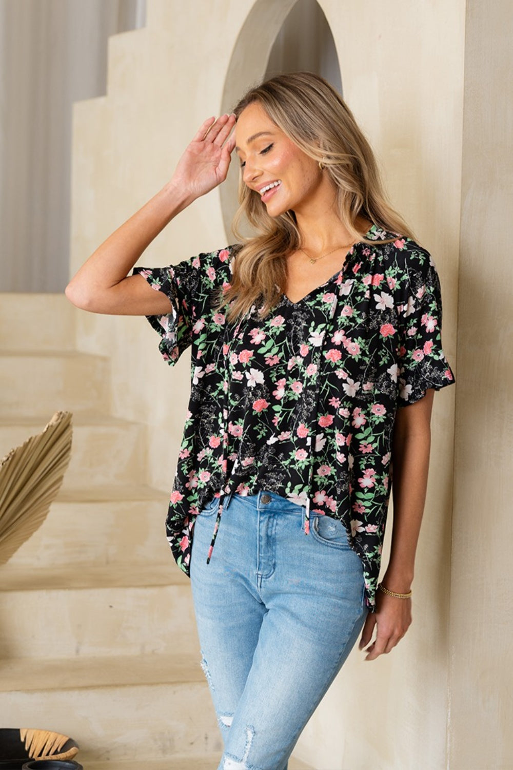 Sew In Love Floral Tie Neck Short Sleeve Blouse