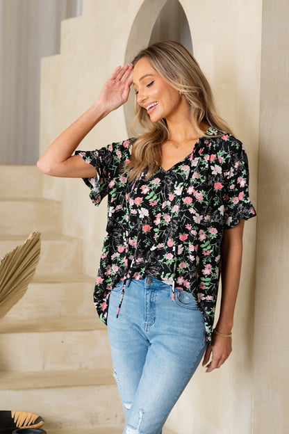 Sew In Love Floral Tie Neck Short Sleeve Blouse