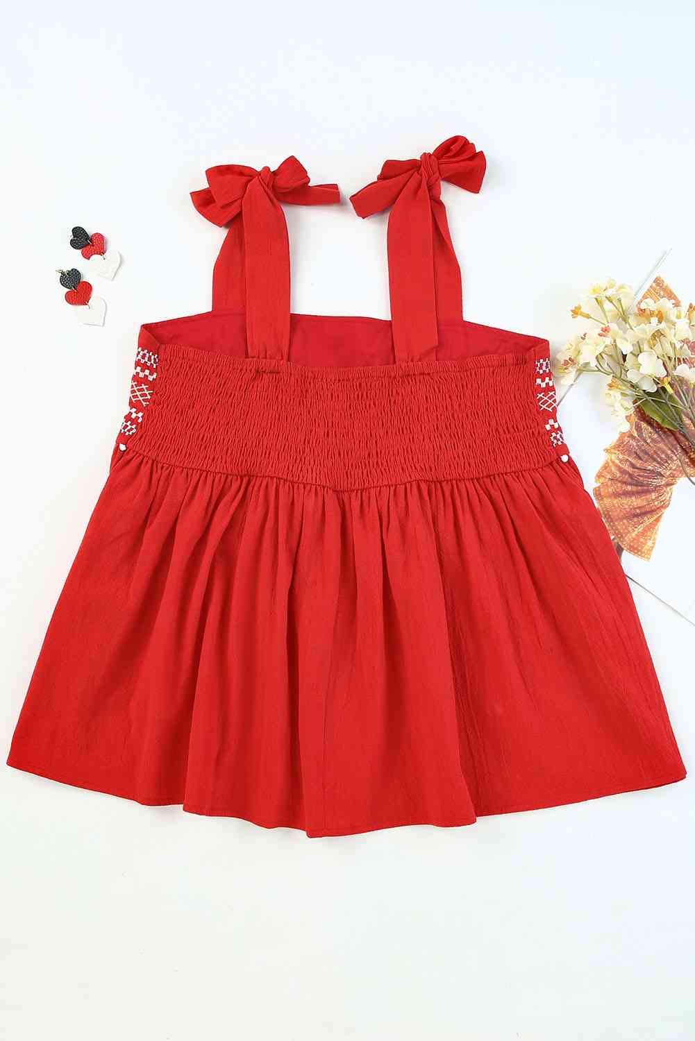 Embroidered Tie-Shoulder Babydoll Tank