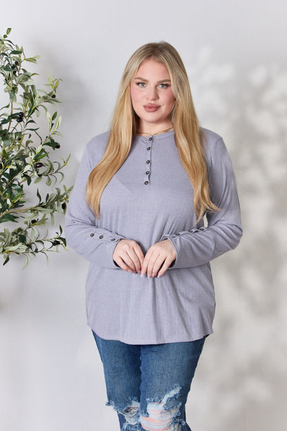 Heimish Full Size Texture Half Button Long Sleeve Top