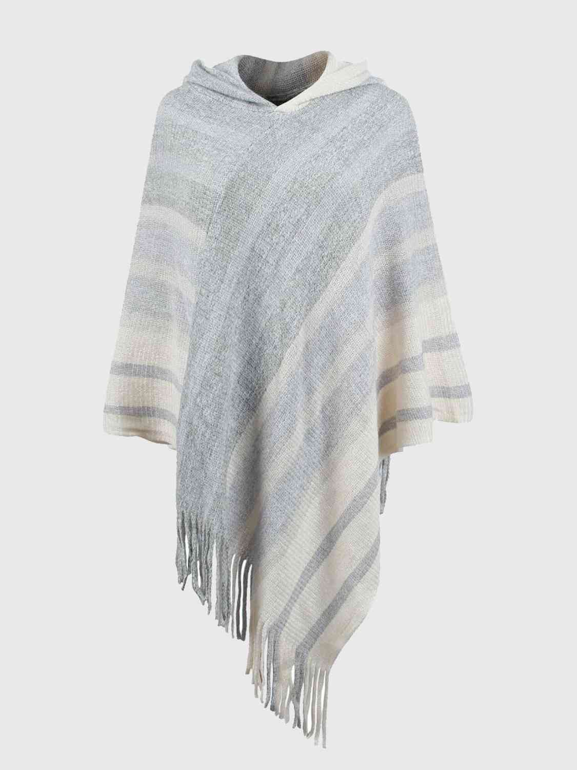 Striped Fringe Hem Hooded Poncho