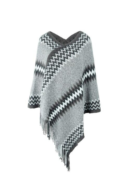 Fringe Hem Striped Cape Sleeve Poncho