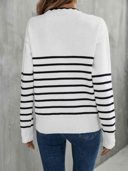 Striped V-Neck Drop Shoulder Sweater