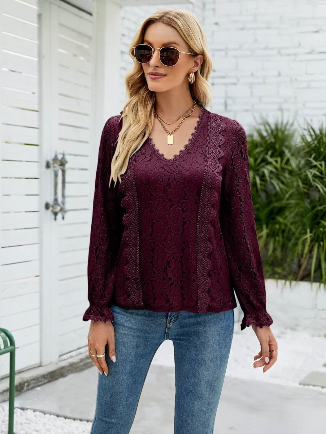Lace V-Neck Flounce Sleeve Blouse