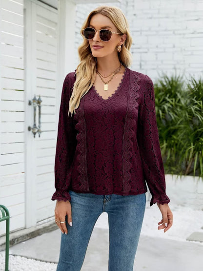 Lace V-Neck Flounce Sleeve Blouse