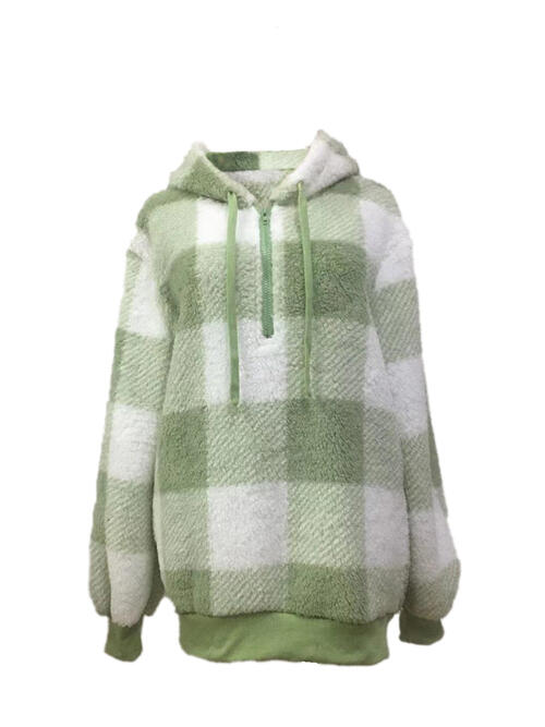 Plaid Half Zip Drawstring Hoodie