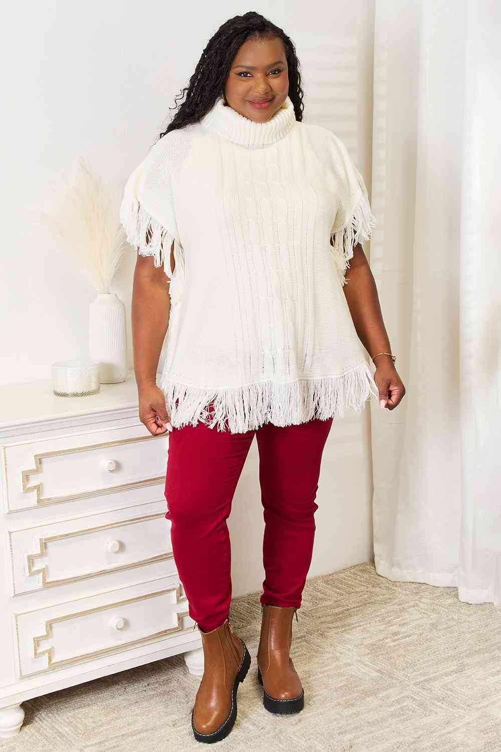 Justin Taylor Turtle Neck Fringe Poncho