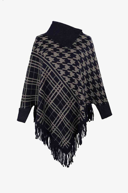 Houndstooth Turtleneck Fringe Hem Poncho