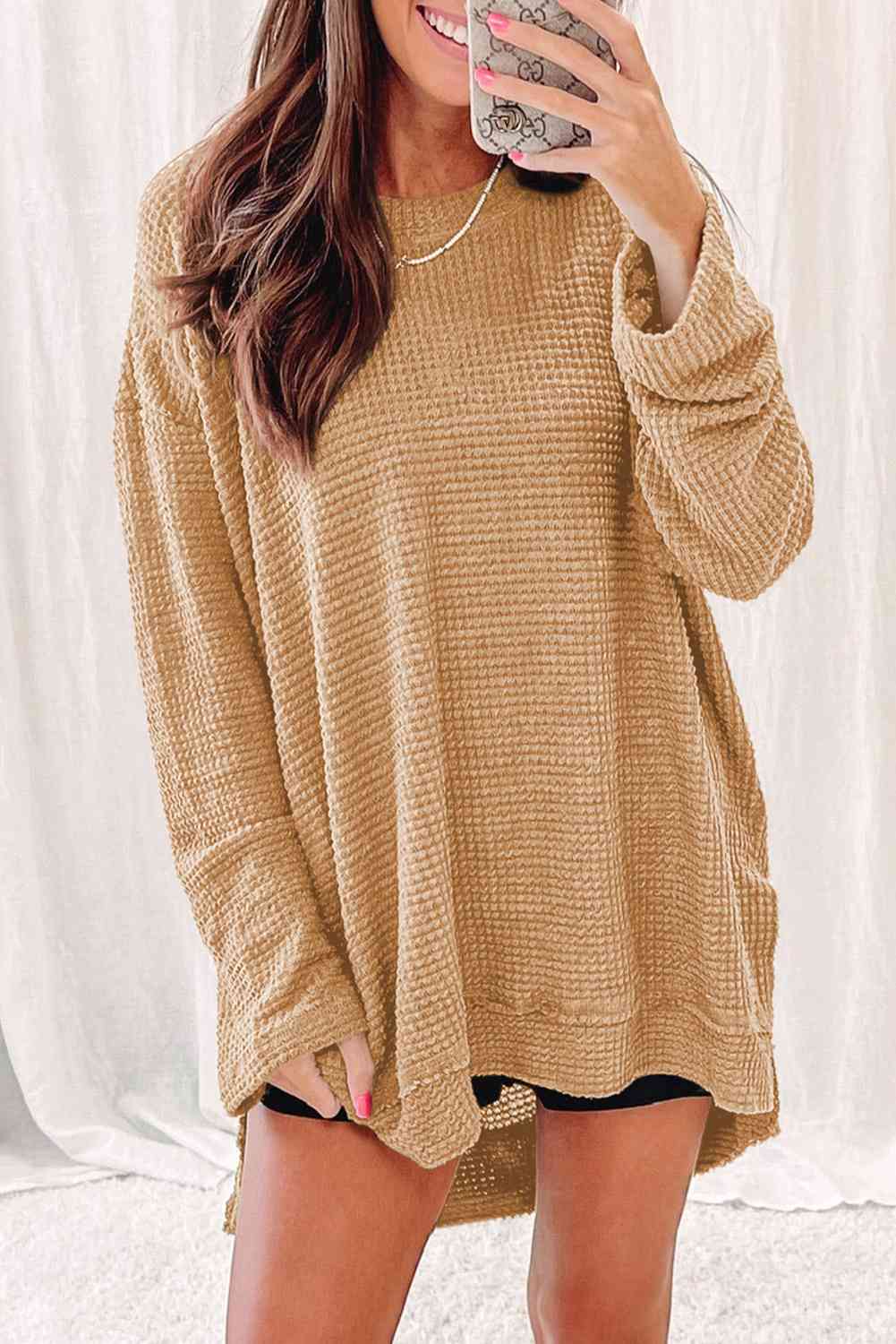 Waffle-Knit Round Neck Long Sleeve Sweatshirt