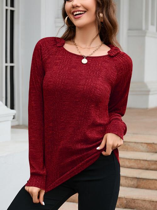 Texture Round Neck Long Sleeve Knit Top