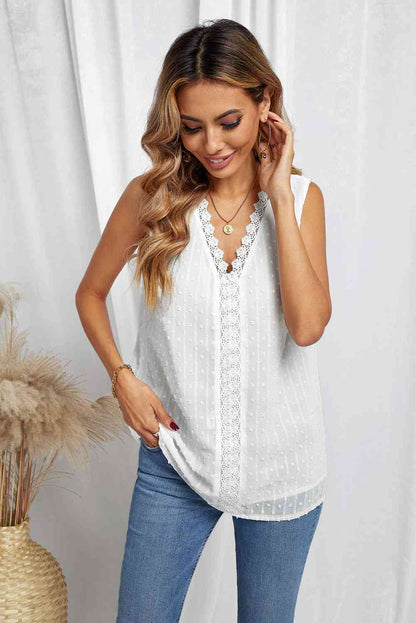 Swiss Dot Lace Detail Plunge Tank