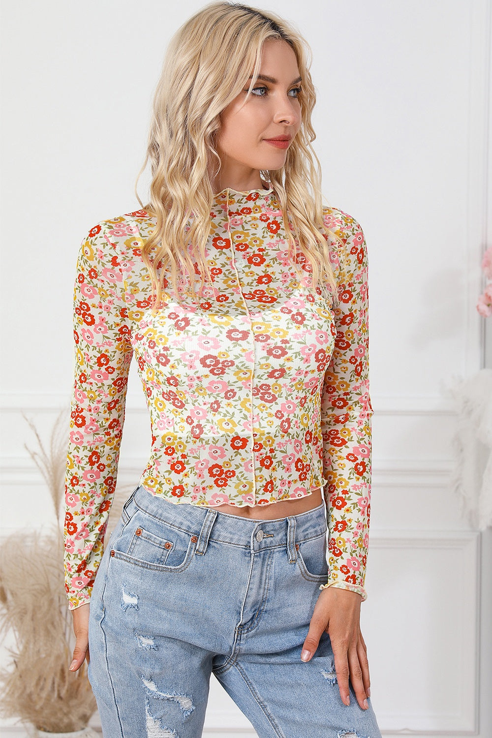 Floral Mock Neck Long Sleeve Blouse