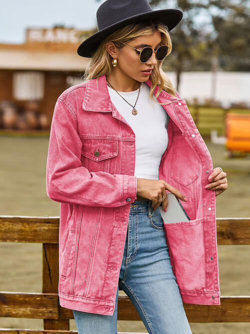 Collared Neck Denim Jacket With Pockets