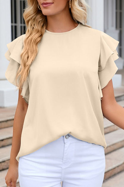 Ruffled Round Neck Cap Sleeve Blouse