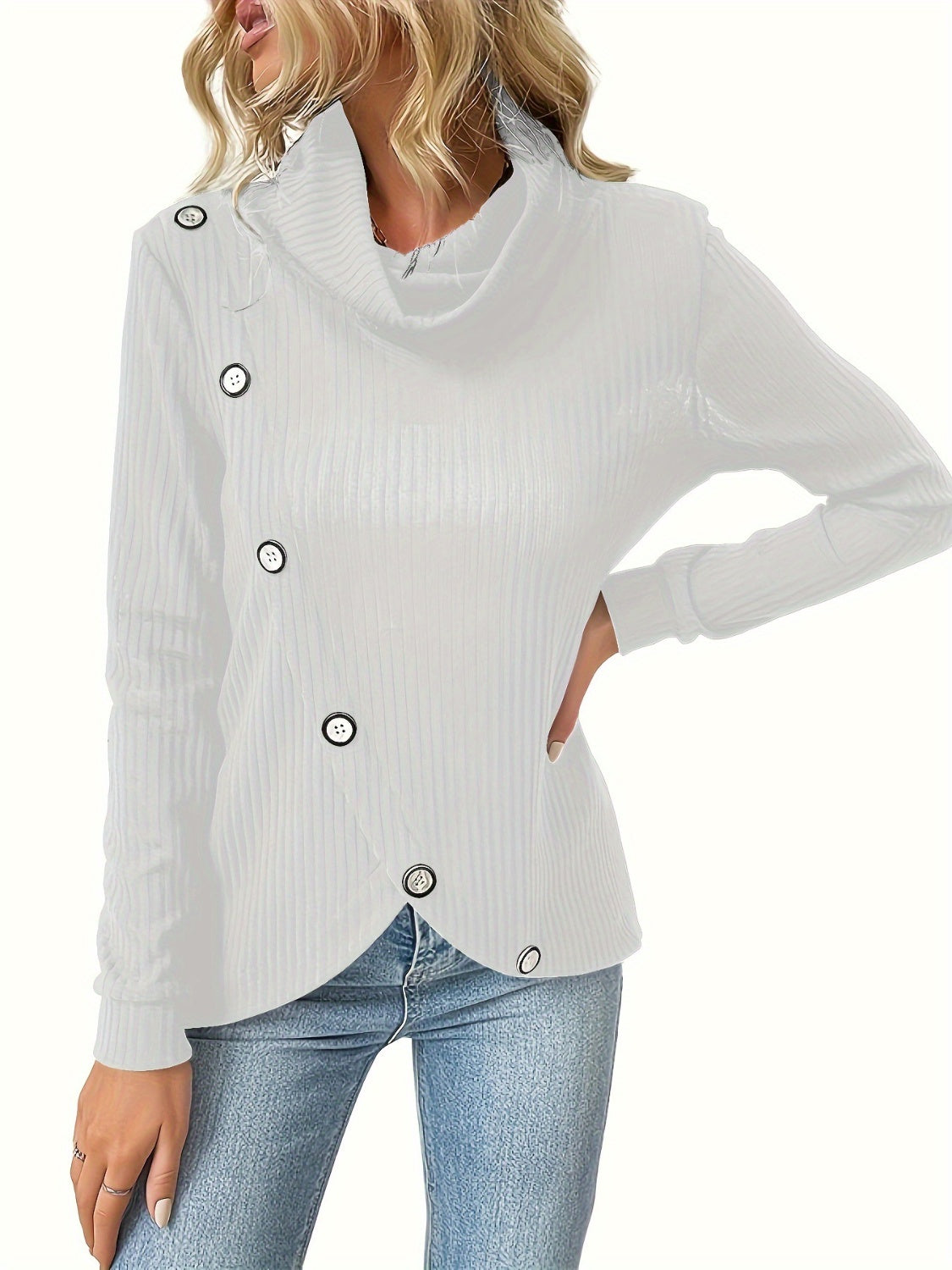 Decorative Button Turtleneck Long Sleeve T-Shirt