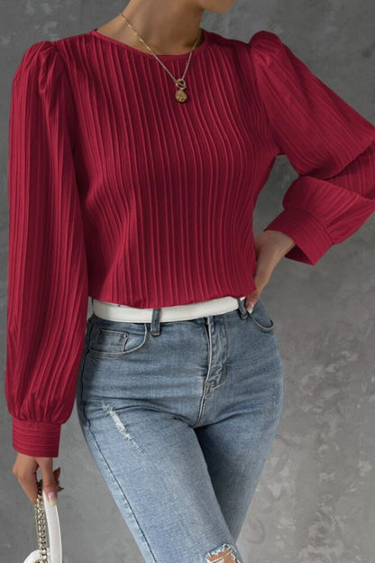 Textured Round Neck Long Sleeve Blouse