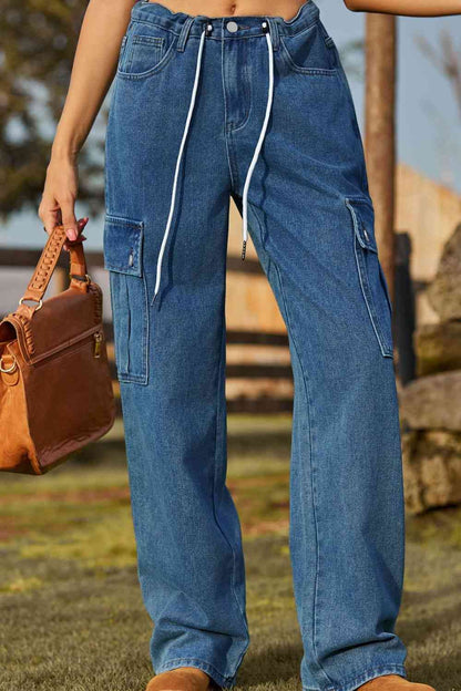 Loose Fit Drawstring Jeans with Pocket