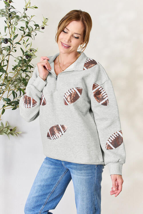 Double Take Full Size Sequin Football Half Zip Long Sleeve Sweatshirt