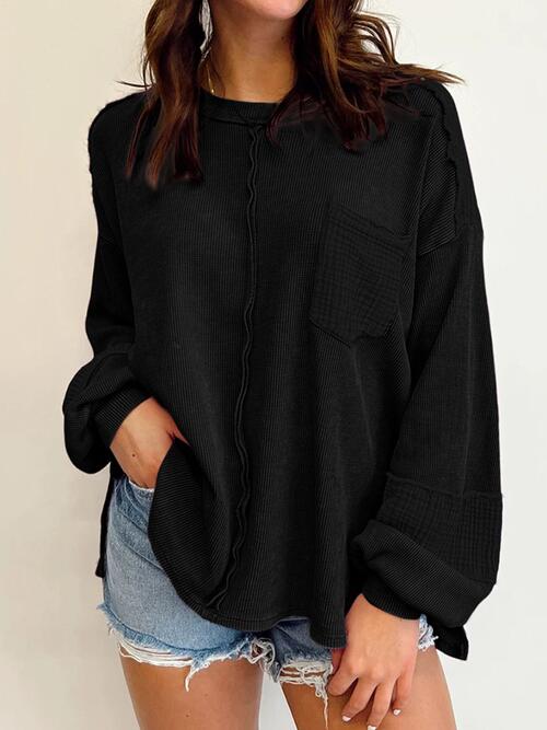 Waffle-Knit Exposed Seam Lantern Sleeve Blouse