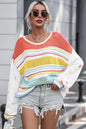 Openwork Striped Round Neck Long Sleeve Sweater