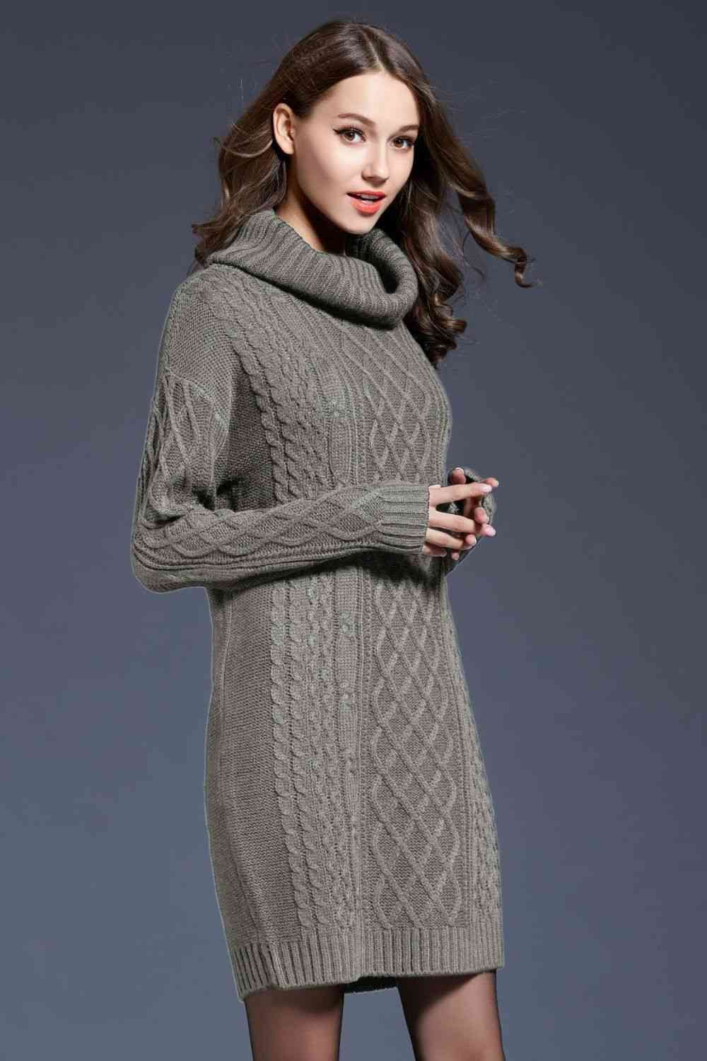 Woven Right Full Size Mixed Knit Cowl Neck Dropped Shoulder Sweater Dress