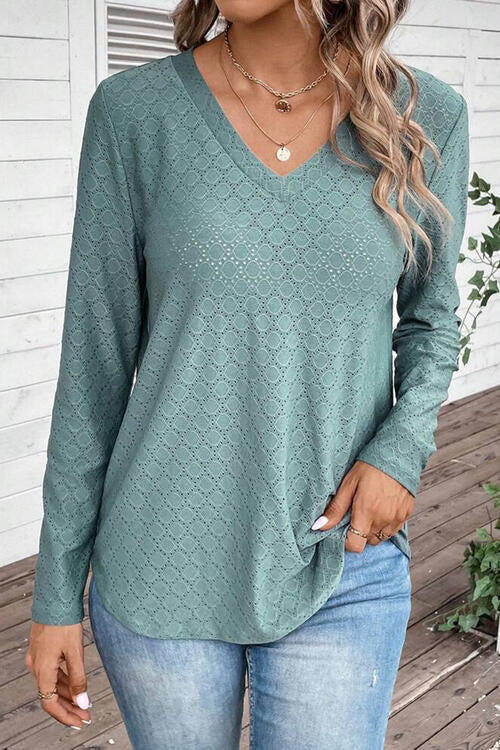 Eyelet V-Neck Long Sleeve T-Shirt