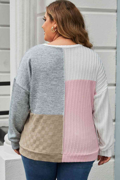 Plus Size Long Sleeve Color Block Top