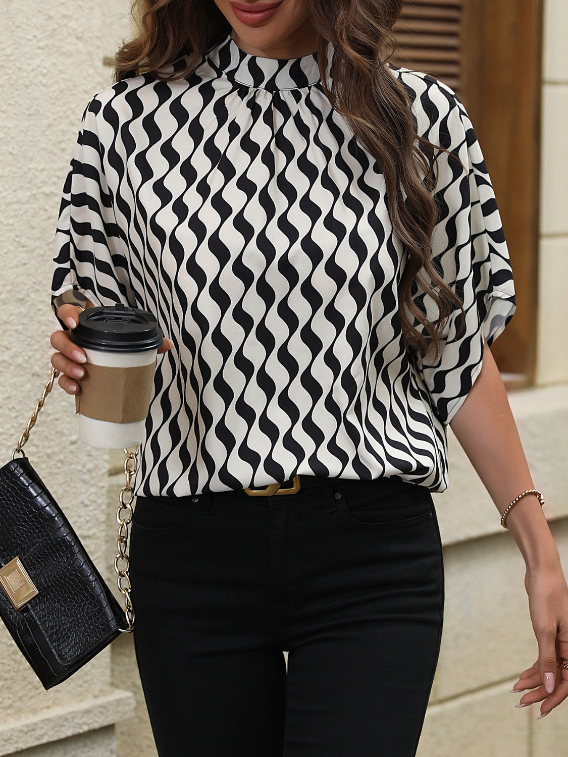 Printed Mock Neck Tie Back Short Sleeve Blouse