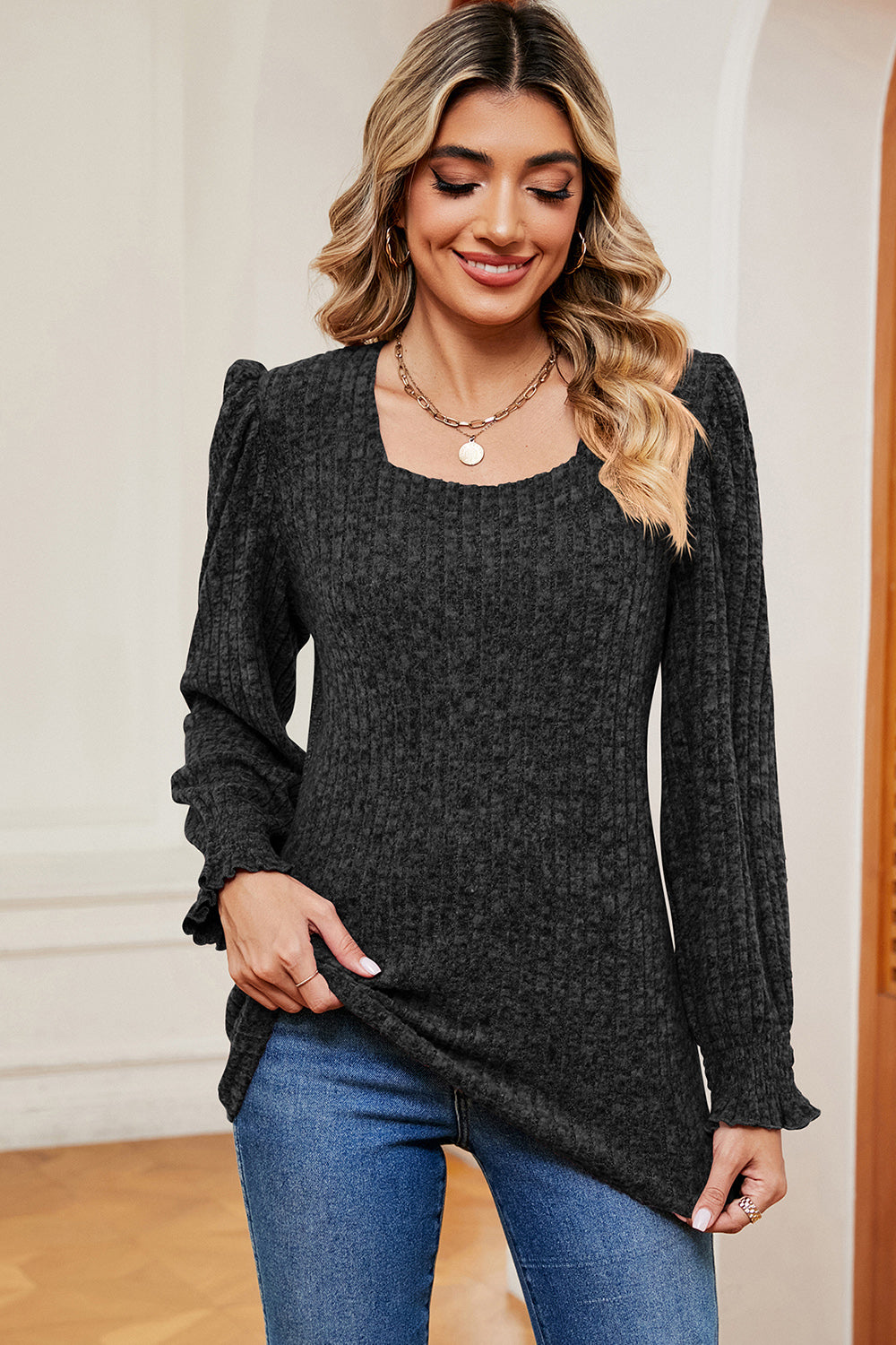 Square Neck Flounce Sleeve T-Shirt