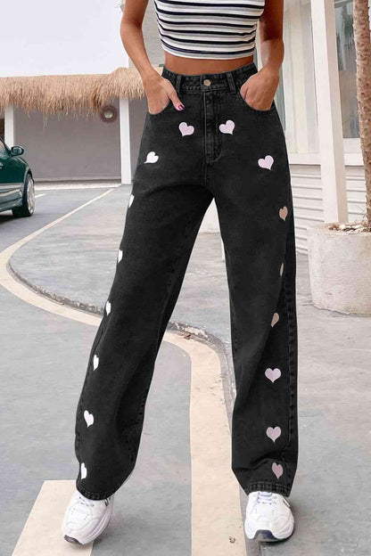 Heart Print Buttoned Jeans