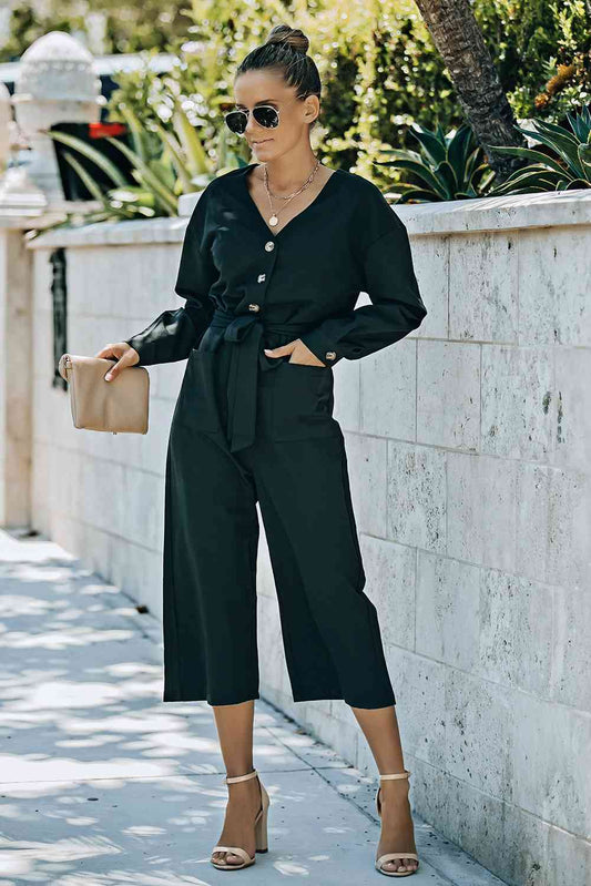 Belted Button Front Cropped Jumpsuit