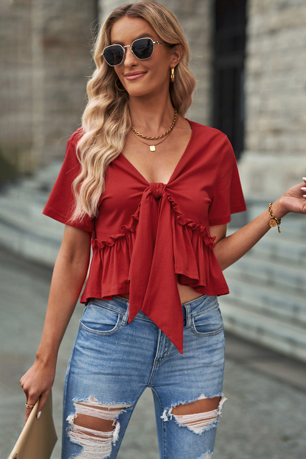 Frill Ruched V-Neck Short Sleeve T-Shirt