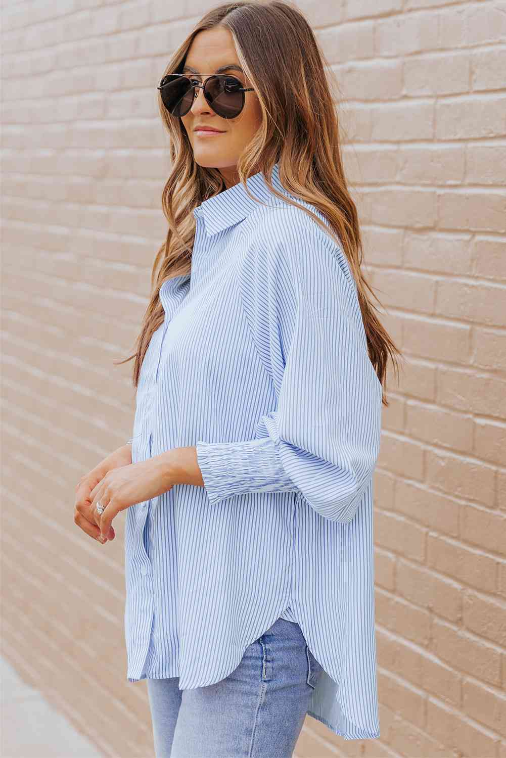 Striped Lantern Sleeve Collared Shirt