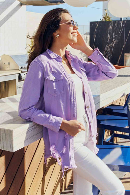 American Bazi Full Size Distressed Button Down Denim Jacket in Lavender