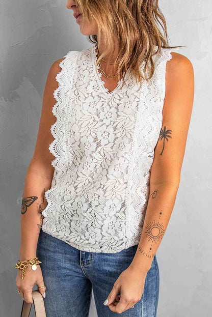 Scalloped V-Neck Lace Tank