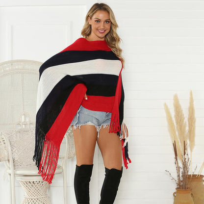 Striped Fringe Trim Poncho