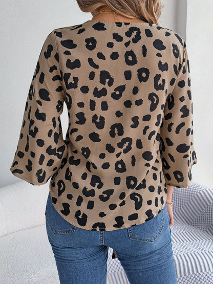 Tied Button Up Leopard V-Neck Blouse