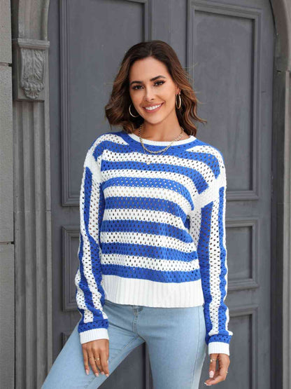 Striped Openwork Round Neck Sweater