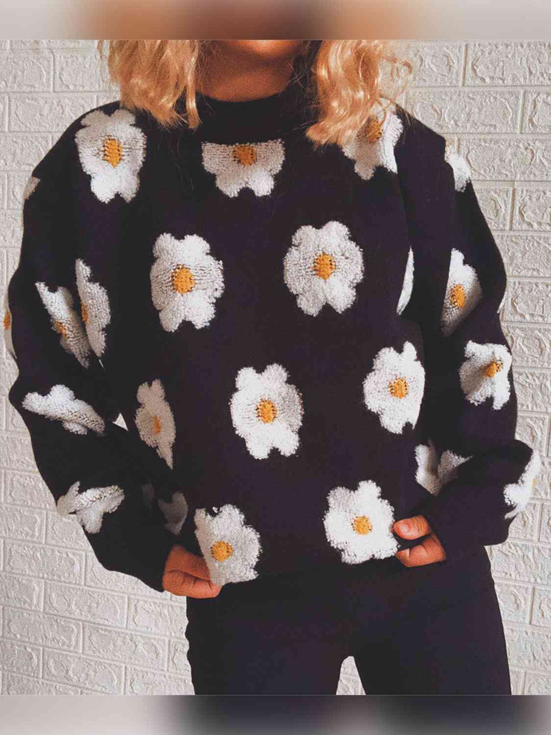 Flower Round Neck Long Sleeve Sweater