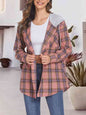 Plaid Drawstring Button Up Hooded Jacket