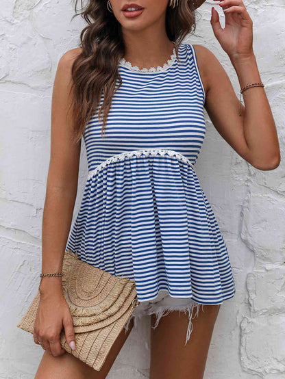 Striped Lace Trim Round Neck Tank