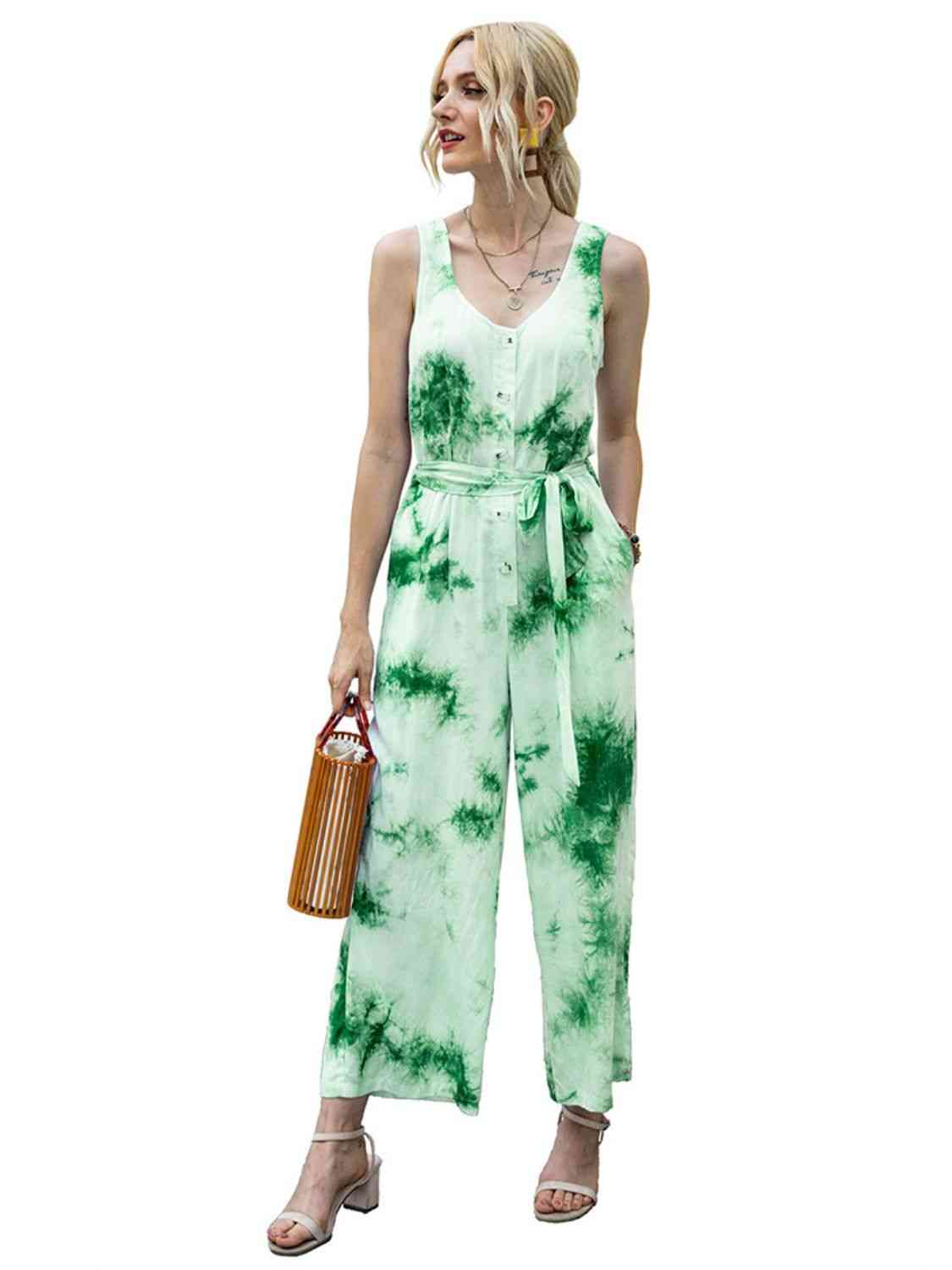 Tie-Dye Tie Waist Sleeveless Jumpsuit