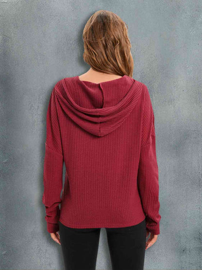 Waffle-Knit Drawstring Drop Shoulder Hoodie