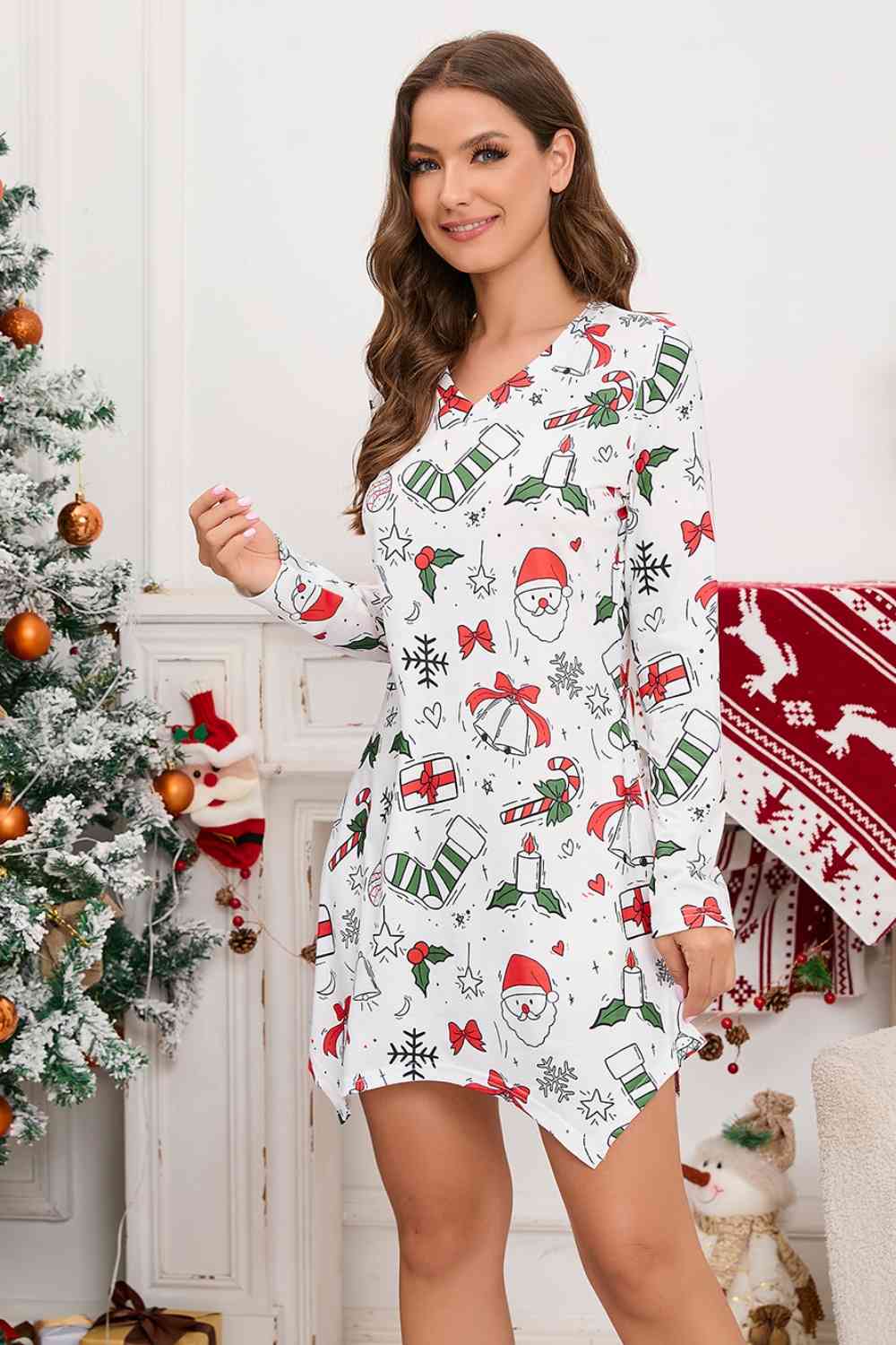 Christmas Element V-Neck Long Sleeve Mini Dress